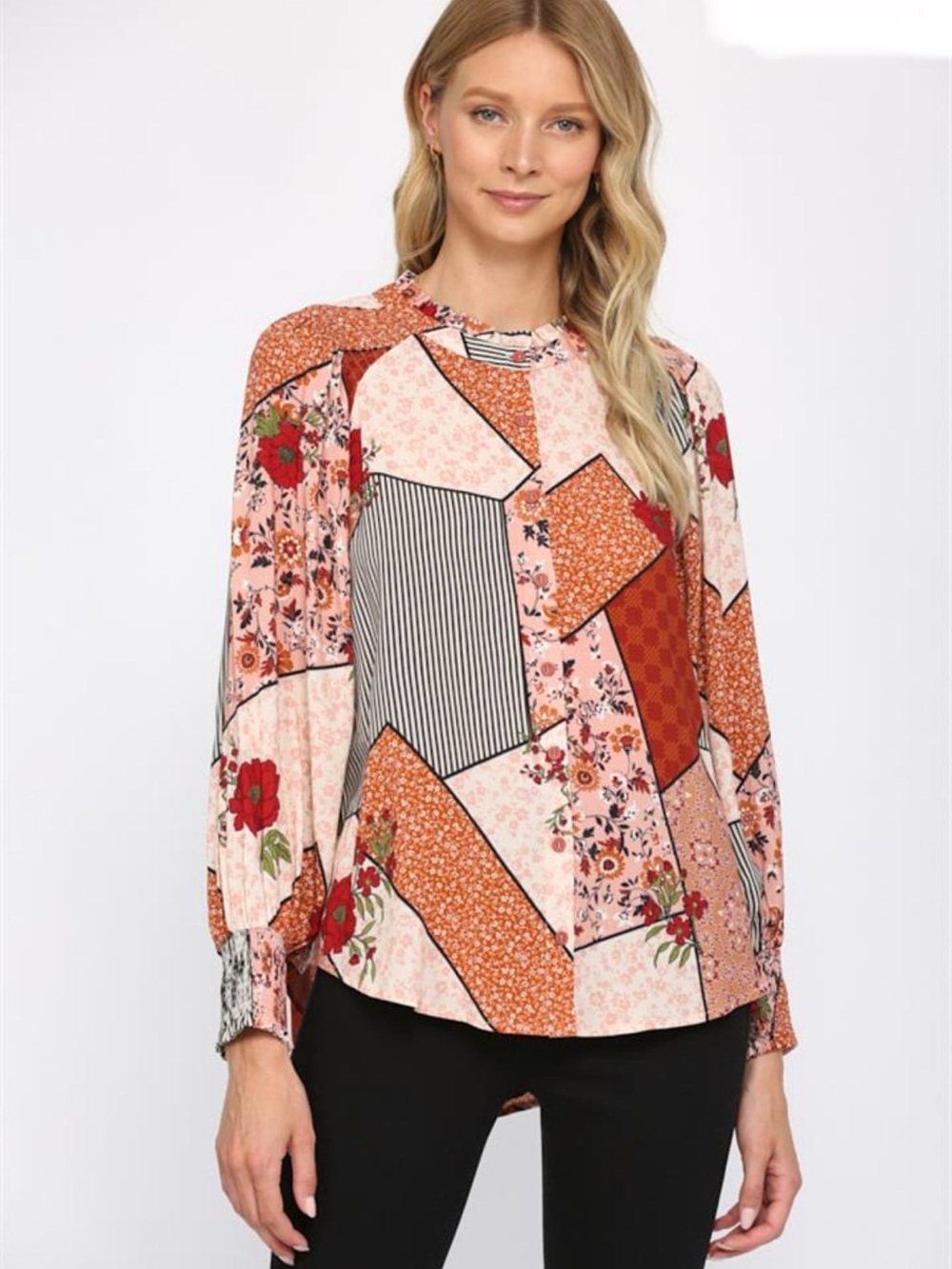 Fate The Sassari Kat Flower Blouse Patchwork Mix Print Boho Artsy Sz S